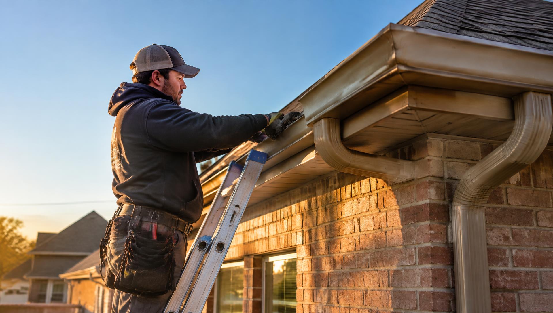 Gutter installer working on an Oklahoma home at golden hour